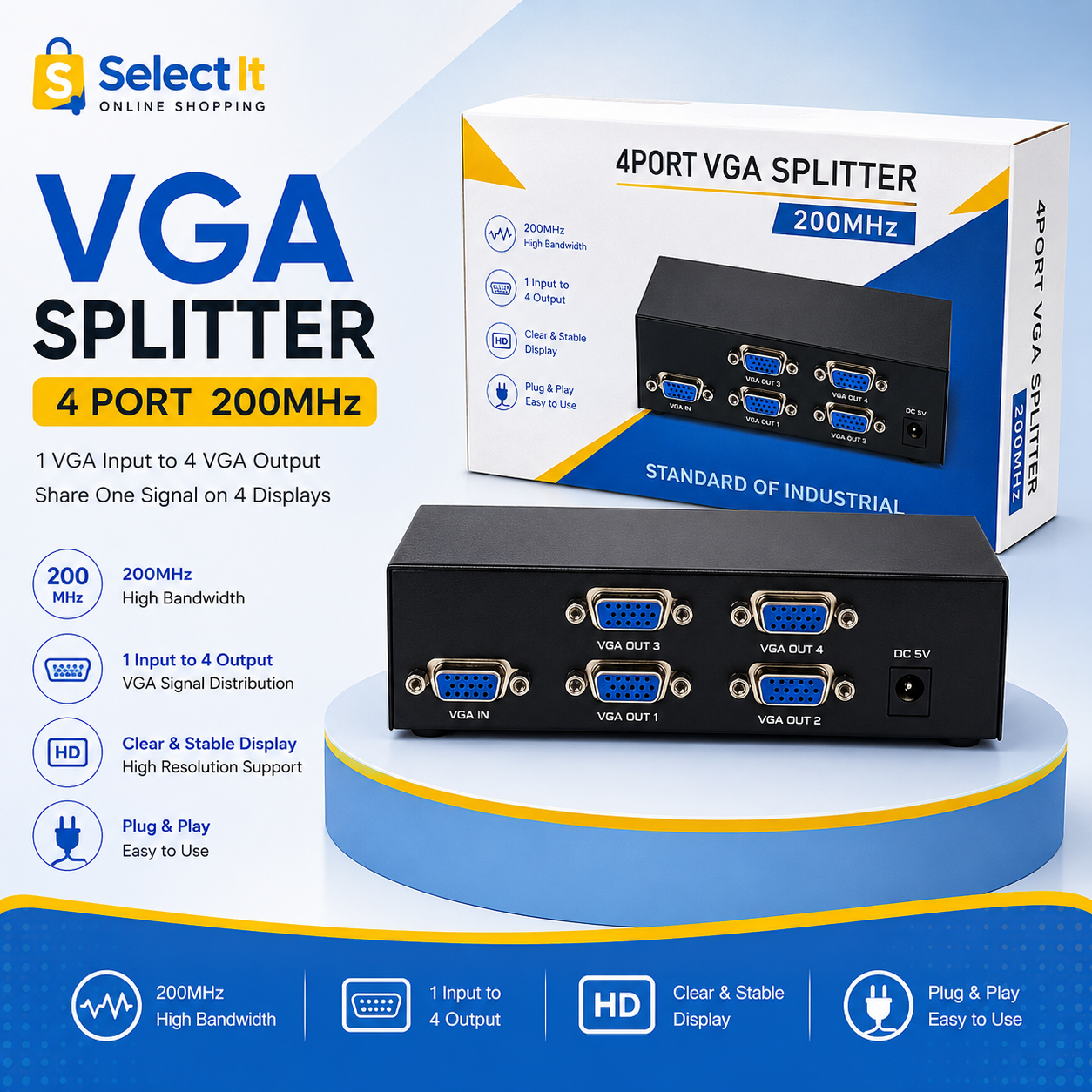 VGA splitter 4 port 200MHz video signal distributor
