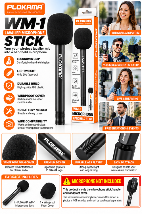 PLOKAMA WM1 Lavalier Microphone Stick Handheld Handle for Wireless Lavalier Mic