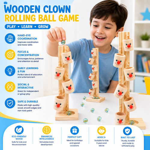 Wooden Clown Ball Rolling Game | Montessori Educational Balance Toy for Kids