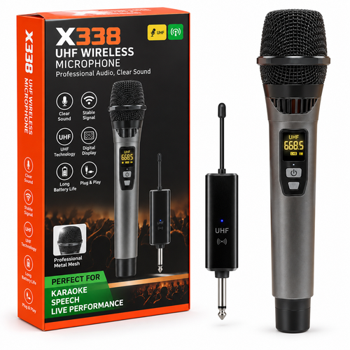 X338 UHF Wireless Handheld Microphone with Digital Display for Karaoke, Singing, Events & Stage Performance