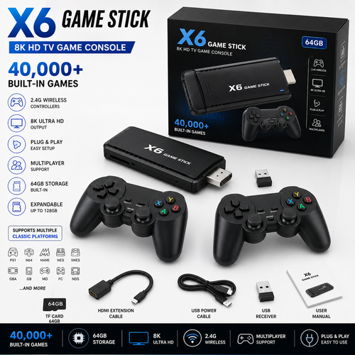 X6 64GB Retro Game Stick 8K HD TV Console with 40,000+ Built-in Games & Wireless Controllers