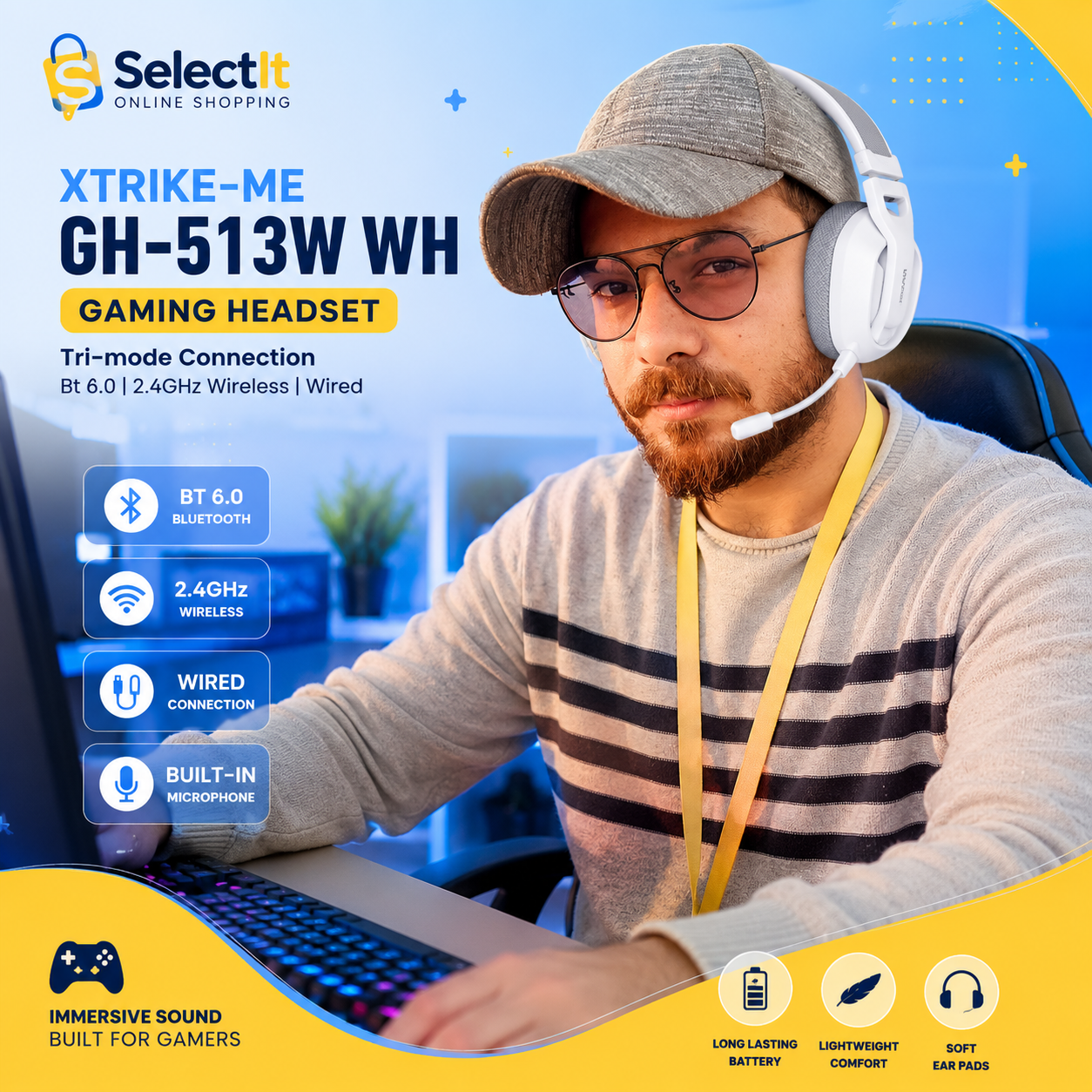 XTRIKE ME GH-513W Wireless Gaming Headphones | Bluetooth 6.0, RGB, Noise Cancelling Mic & USB-C