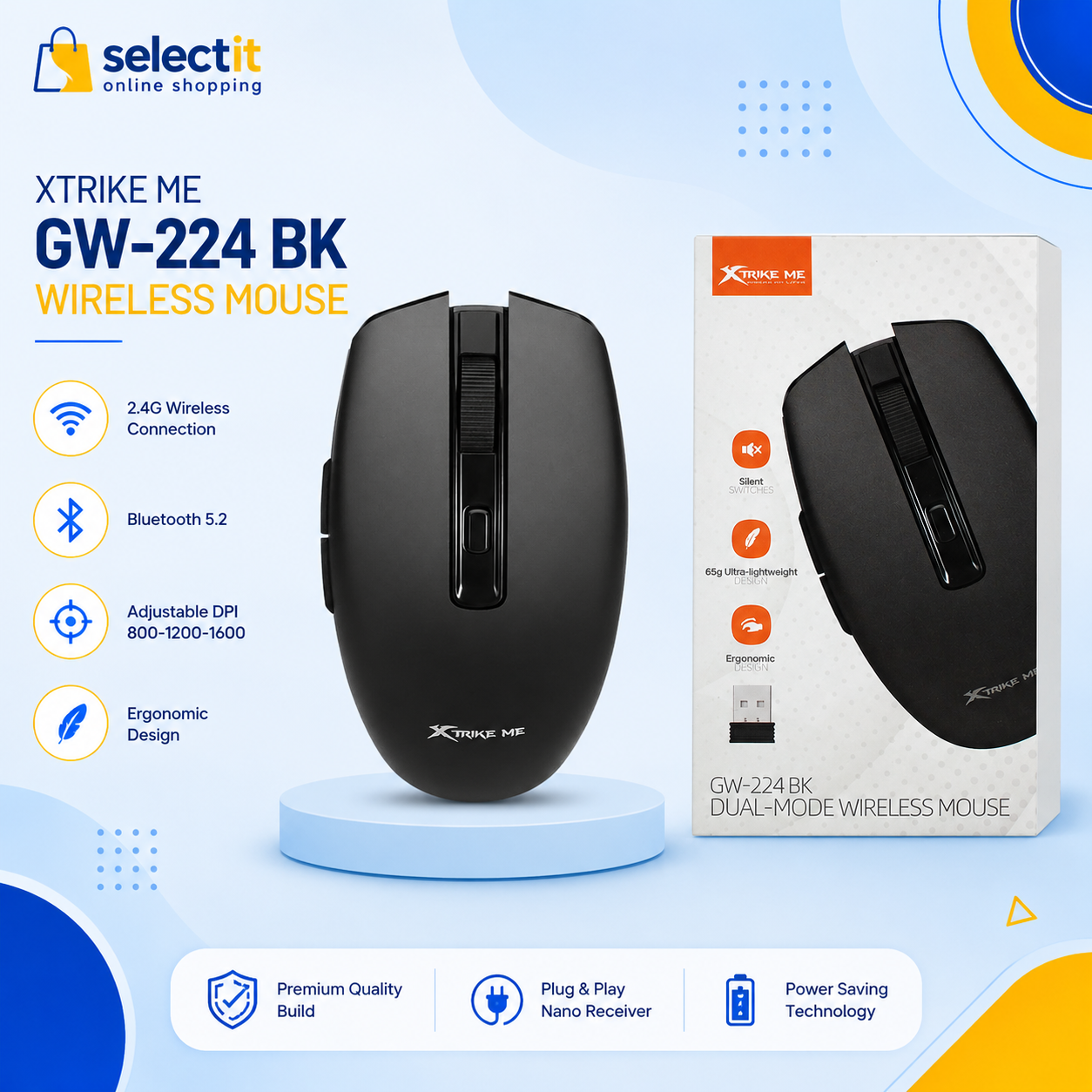 XTRIKE ME GW-224 BK Dual Mode Wireless Mouse with Bluetooth 5.2 and 2.4GHz Connectivity