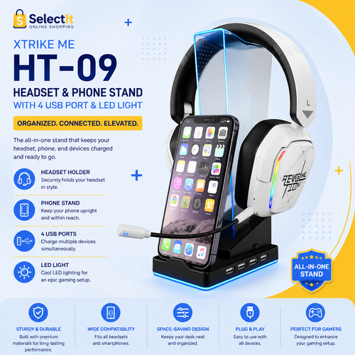 XTRIKE ME HT-09 Headset & Phone Stand with 4 USB Ports and RGB LED Light | Gaming Desktop Organizer