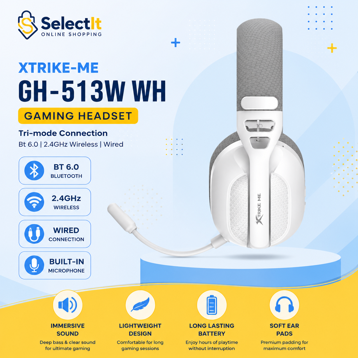 Xtrike-me Gh-513w Wh Tri-mode ( Bt 6.0, 2.4gh Wireless And Wired ) Gaming Headset
