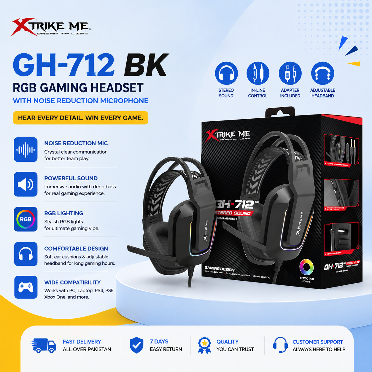 Xtrike Me GH712 black RGB headset for PS5 PS4 Xbox and PC