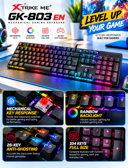 Xtrike Me GK-803 EN Mechanical Gaming Keyboard – 104 Keys, Rainbow Backlight