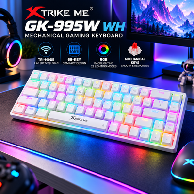 Xtrike Me GK-995W WH White Wireless Mechanical Gaming Keyboard – 68 Keys, RGB & Tri-Mode Connectivity