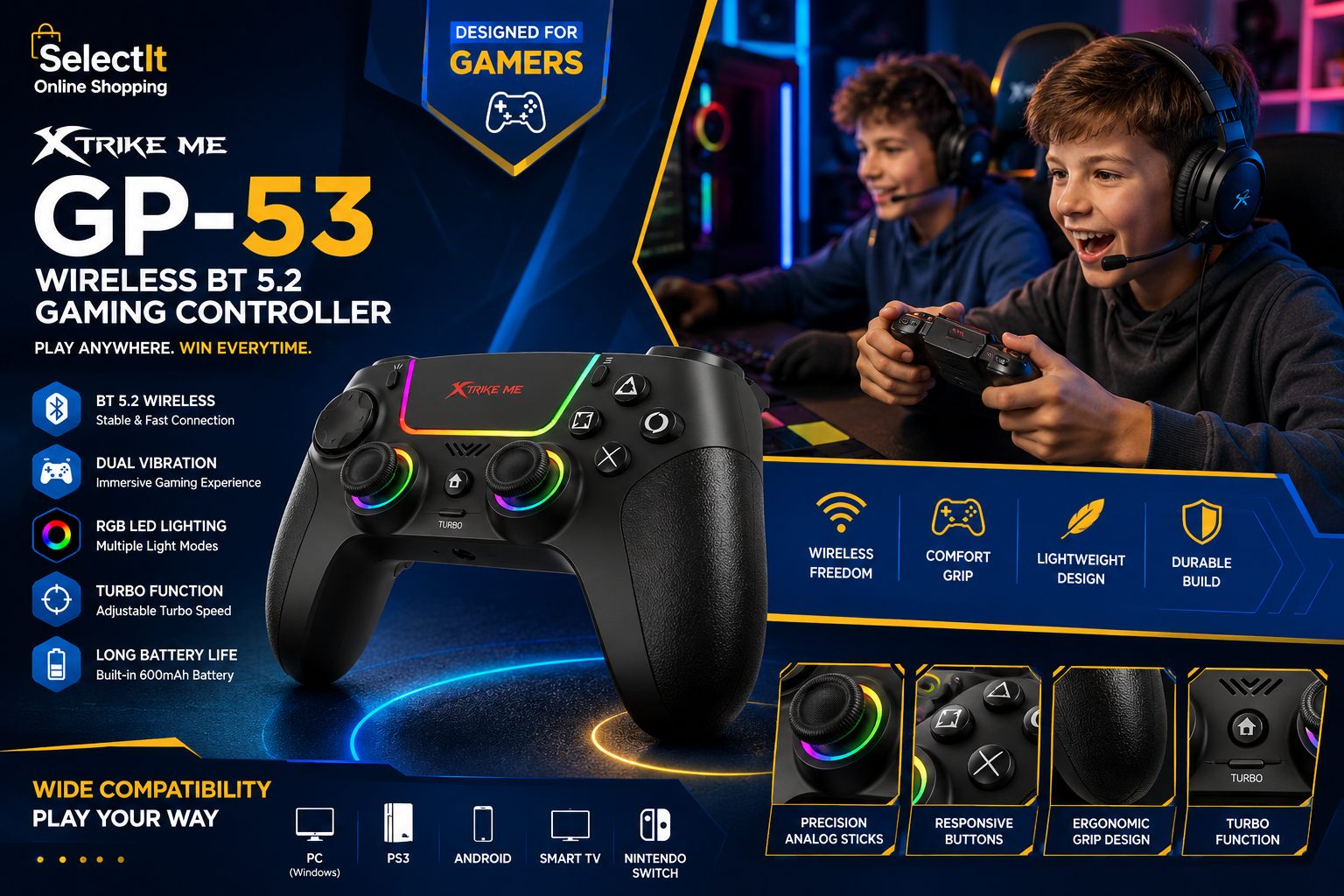 Xtrike Me GP-53 ergonomic wireless gaming controller black