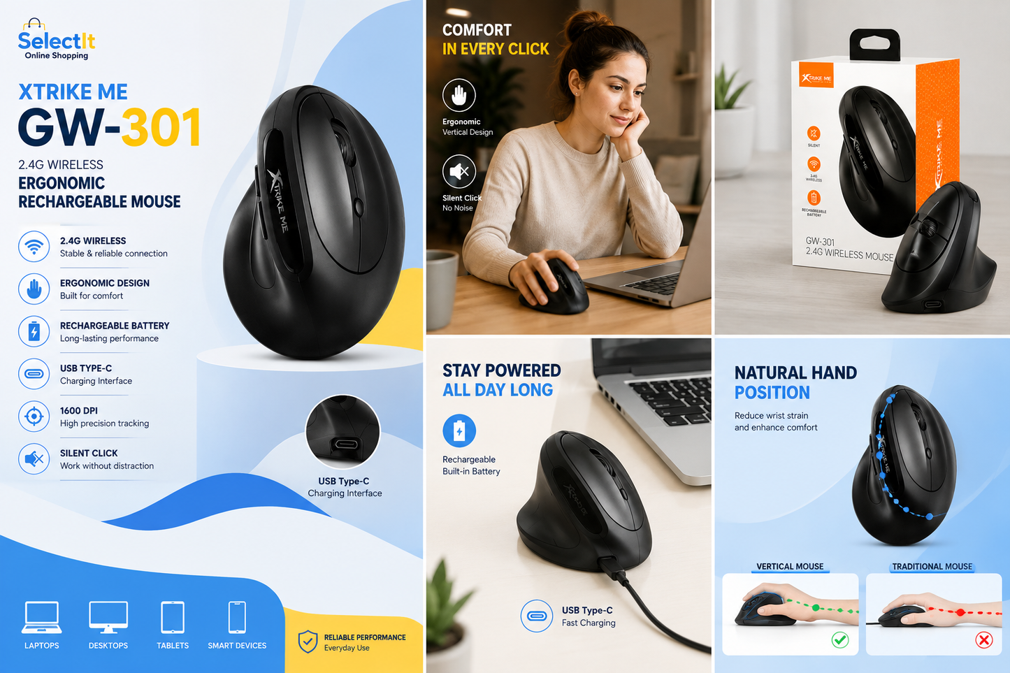 Xtrike Me GW-301 ergonomic mouse for office and laptop use