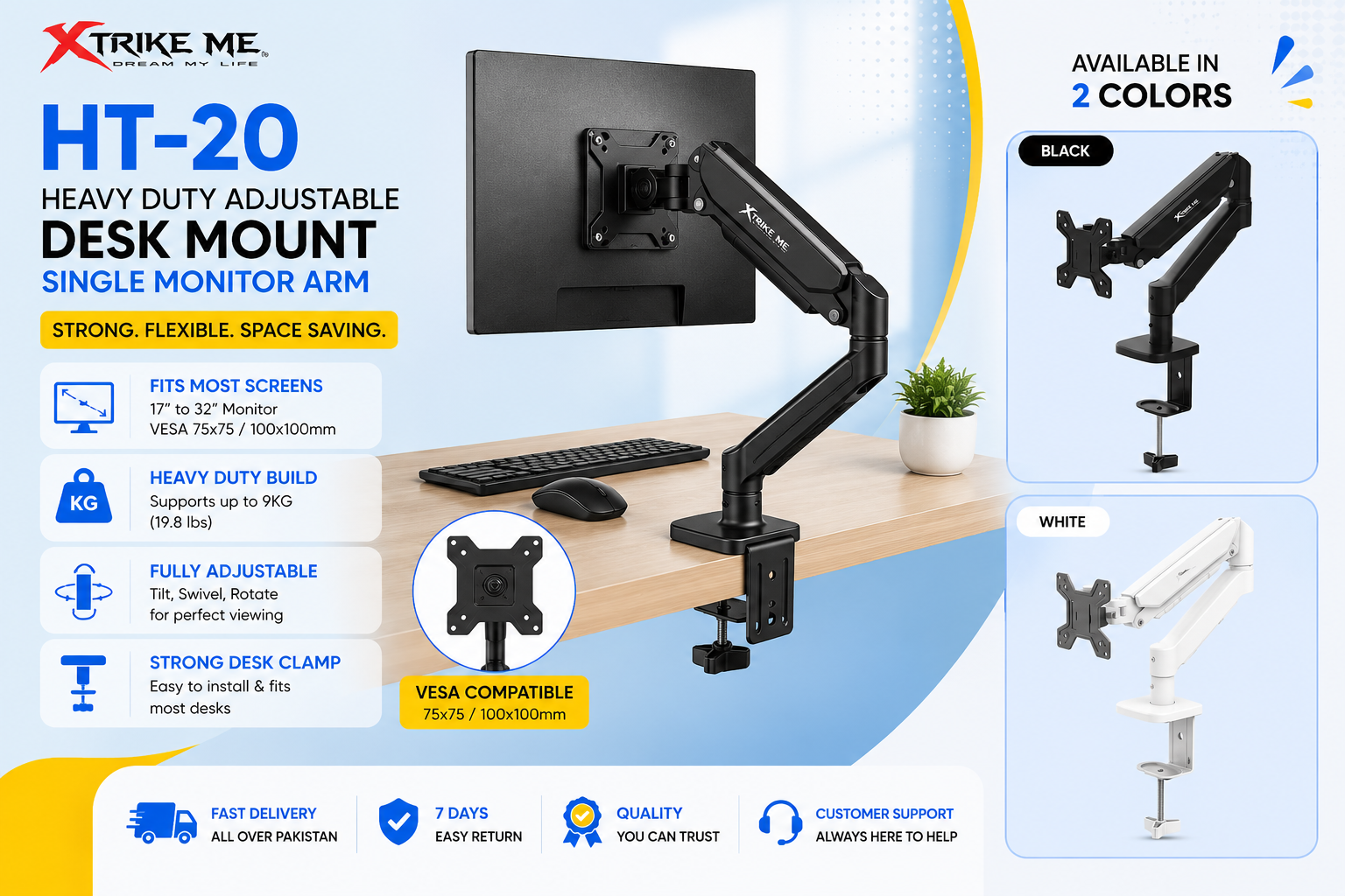 Xtrike Me HT-20 heavy duty adjustable single monitor arm black white
