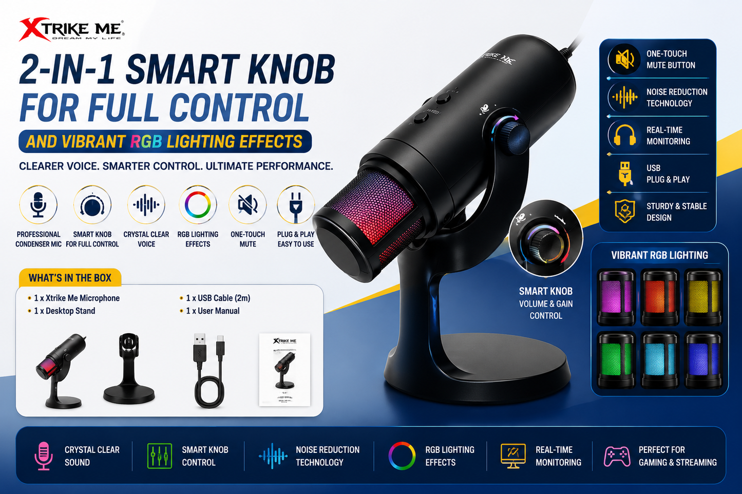 Xtrike Me XMC03 RGB USB Microphone with 12 RGB Lights for Gaming, Streaming & Recording