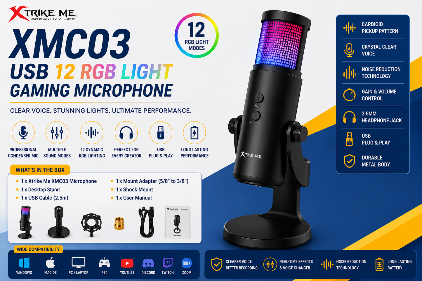 Xtrike Me XMC03 USB 12 RGB Light Gaming Microphone with Shock Mount for Gaming, Streaming and Podcasting