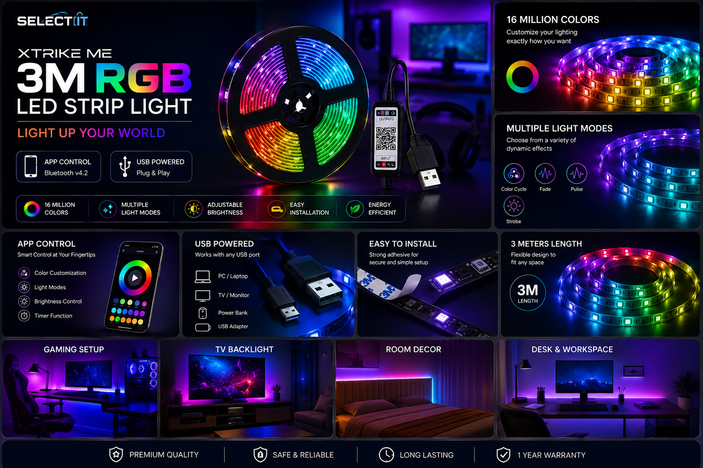 XTRIKE ME HT-5050-B3 3M RGB LED Strip Light with Bluetooth App Control & USB Power