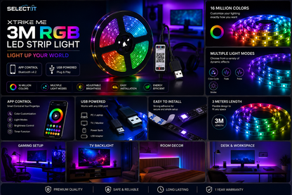 XTRIKE ME HT-5050-B3 3M RGB LED Strip Light with Bluetooth App Control & USB Power