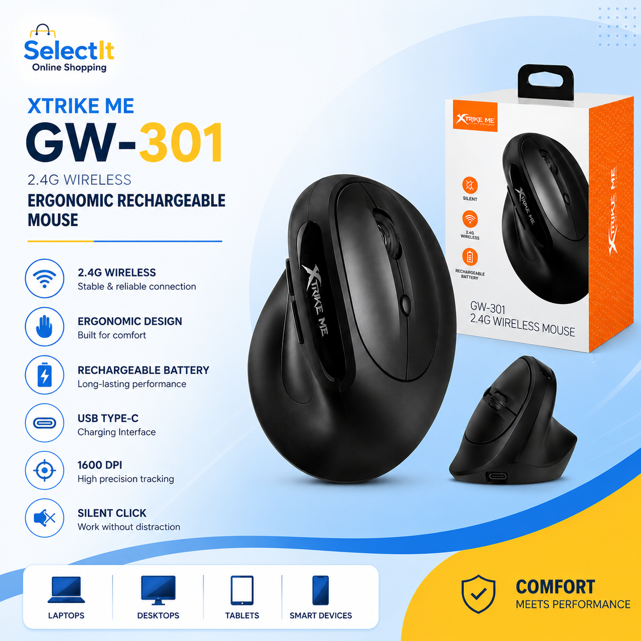High Quality 2.4G Wireless Ergonomic Rechargeable Mouse Black Xtrike Me GW-301