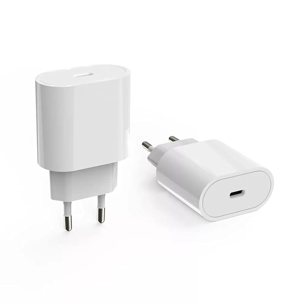 White iPhone USB-C PD 20W power adapter with EU 2-pin plug for fast charging