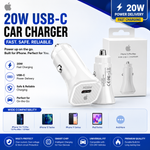 Compact USB-C 20W iPhone car charger plugged into vehicle power socket for fast charging