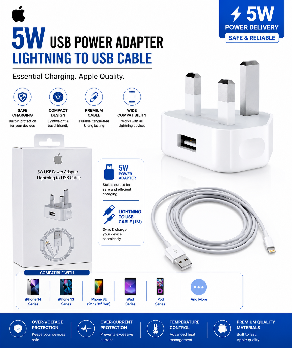 iPhone USB 5W Power Adapter UK Pin with Charging Cable Lightning to USB Cable
