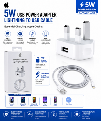 iPhone USB 5W Power Adapter UK Pin with Charging Cable Lightning to USB Cable