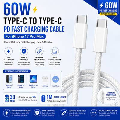 iPhone 17 Pro Max 60W Type-C to Type-C PD Fast Charging Nylon Cable & iPhone 20W PD Lightning to Type-C Cable