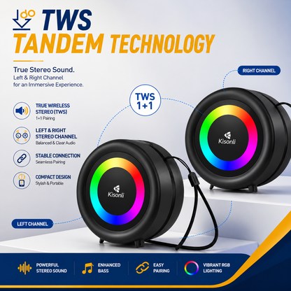 Portable Bluetooth Speaker with FM Radio, Bluetooth 5.0, USB, TF Card, AUX, colorful LED lights