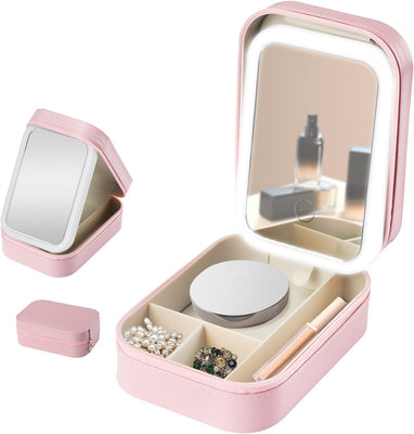 LED Makeup Mirror Jewelry Storage Box – Portable Cosmetic Organizer with Touch Light & 3 Color Modes