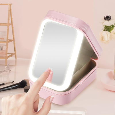 LED Makeup Mirror Jewelry Storage Box – Portable Cosmetic Organizer with Touch Light & 3 Color Modes