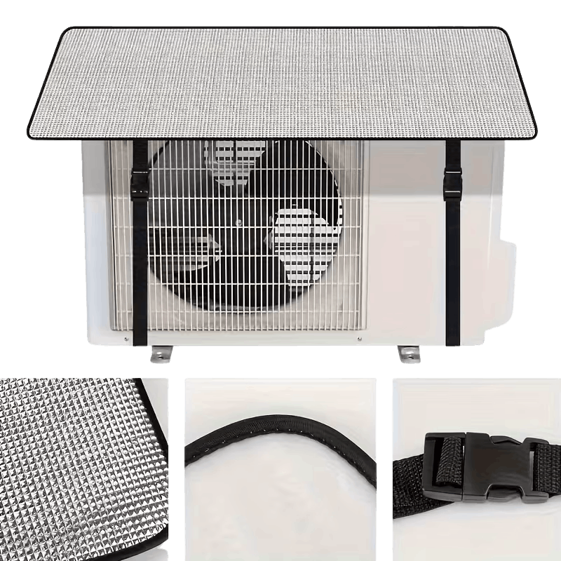 Outdoor AC unit cover with reflective aluminum and waterproof insulation protecting air conditioner condenser from sun, rain, and weather damage