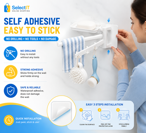 Plastic Rotating Soap Dish with Towel Hanger & Hook | Punch-Free Wall Mounted Bathroom Organizer