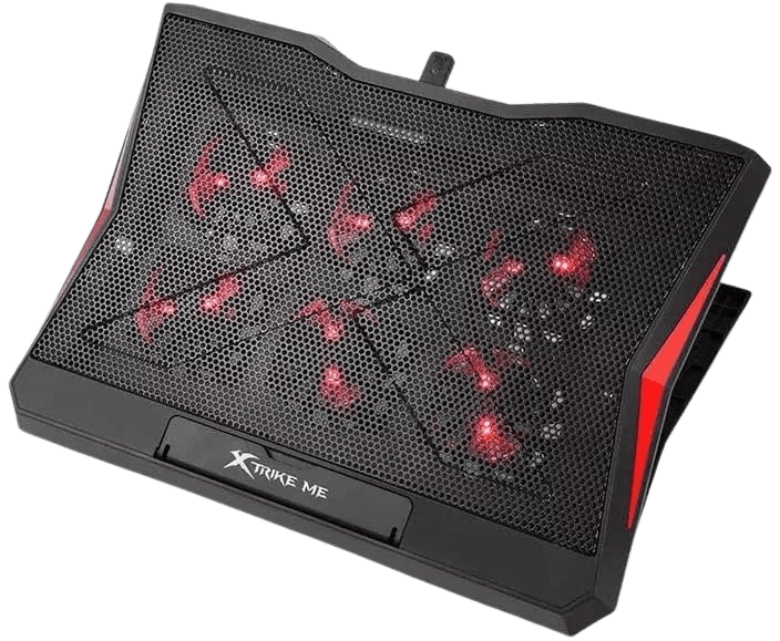 XTRIKE ME FN811 laptop cooling pad with 6 fans, adjustable RGB lighting, dual USB ports, and ergonomic stand in red