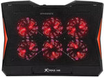 XTRIKE ME FN811 laptop cooling pad with 6 fans, dual USB ports, adjustable RGB lighting, and ergonomic stand in red color