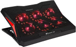 XTRIKE ME FN811 laptop cooling pad with 6 fans, adjustable RGB lighting, dual USB ports, and ergonomic stand