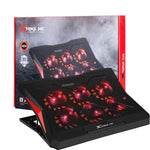 XTRIKE ME FN811 laptop cooling pad with 6 fans, adjustable stand, dual USB ports, and RGB lighting